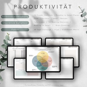 Op de afbeelding: Een digitale productiviteits planner met een lichtgrijze achtergrond en een kleurenschema in lichtblauw, lichtgroen en lichtroze. De planner bevat secties voor zelfrealisatie, overzicht, focus, 10 project overzicht, projecten in detail, doelen, intenties, idee&euml;n, notities, to-do lijsten, 12 vergaderings overzicht, vergadering in detail, braindumping, 30-daagse uitdaging, ikigai en Eisenhower matrix. De planner is ontworpen voor gebruik met GoodNotes, Notability en PDF-annotatie-apps.