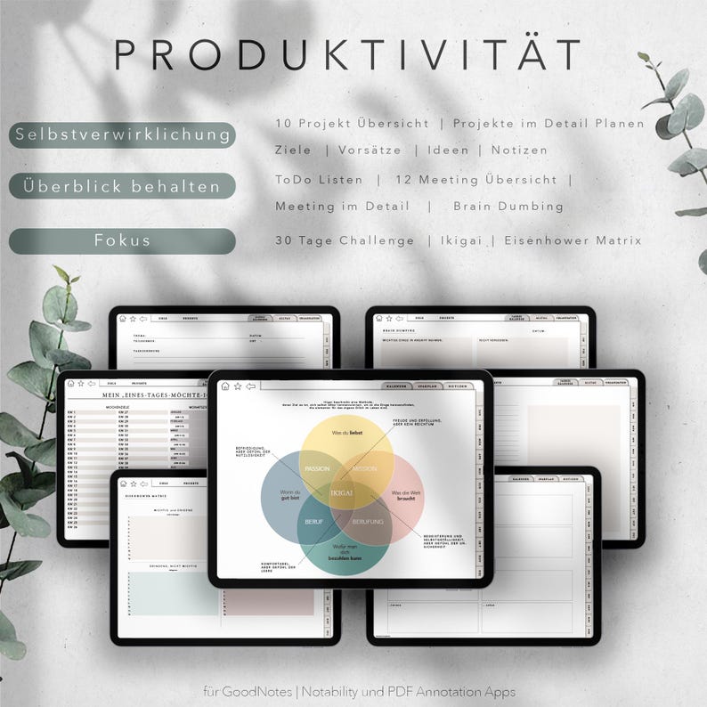 Op de afbeelding: Een digitale productiviteits planner met een lichtgrijze achtergrond en een kleurenschema in lichtblauw, lichtgroen en lichtroze. De planner bevat secties voor zelfrealisatie, overzicht, focus, 10 project overzicht, projecten in detail, doelen, intenties, idee&euml;n, notities, to-do lijsten, 12 vergaderings overzicht, vergadering in detail, braindumping, 30-daagse uitdaging, ikigai en Eisenhower matrix. De planner is ontworpen voor gebruik met GoodNotes, Notability en PDF-annotatie-apps.