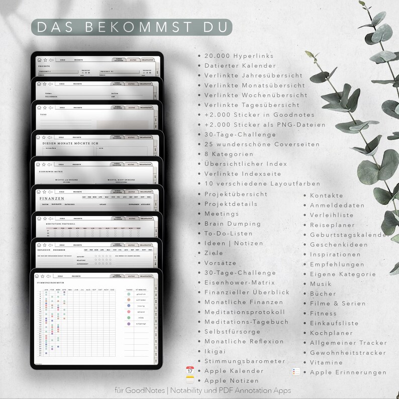 Op de afbeelding: Een digitale planner met een zwart-wit ontwerp. De planner bevat een verscheidenheid aan functies, zoals een kalender, takenlijsten en doelstellingshulpmiddelen. De tekst "DAS BEKOMMST DU" staat bovenaan de afbeelding. De planner is ontworpen voor gebruik met GoodNotes, Notability en PDF-annotatie-apps.