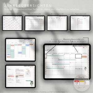 Op de afbeelding: Een digitale planner-sjabloon voor GoodNotes, Notability en PDF-annotatie-apps. De sjabloon bevat een jaaroverzicht, een maandelijkse kalender, een weekplanner en een dagboek. De maandelijkse kalender heeft klikbare links om naar specifieke weken en dagen te navigeren.