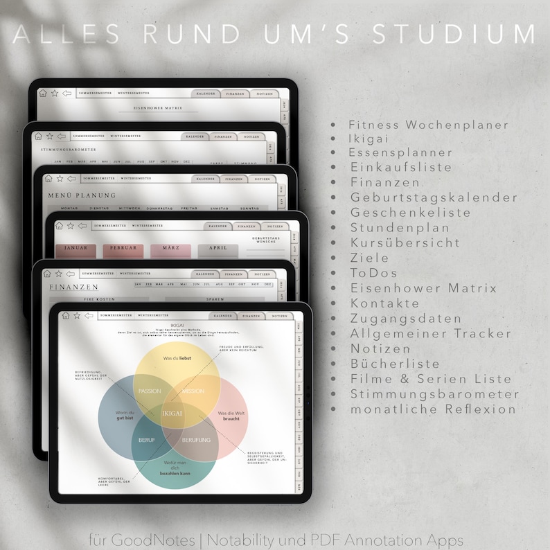 Digitaler Studienplaner 2024/ 2025 Studentenplaner iPad, GOODNOTES Studienplaner digital, 3000 Sticker in Deutsch / German Bild 5