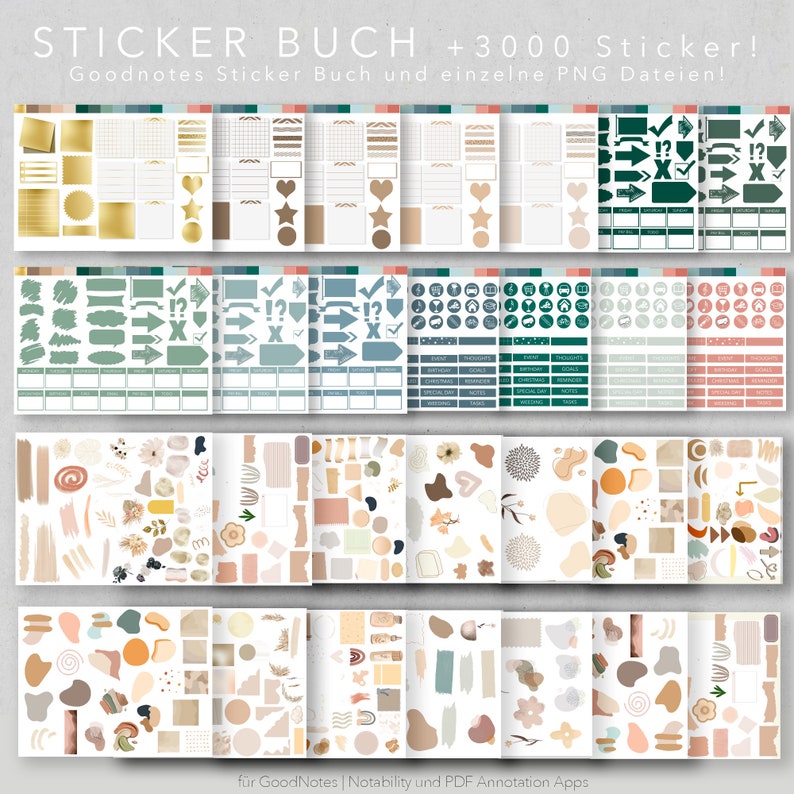 Op de afbeelding: Een set digitale stickers voor gebruik in notitie-apps zoals GoodNotes en Notability. De stickers zijn georganiseerd in categorie&euml;n en omvatten een verscheidenheid aan vormen, kleuren en ontwerpen. De stickers zijn perfect om een ​​persoonlijke touch toe te voegen aan notities, dagboeken en planners.