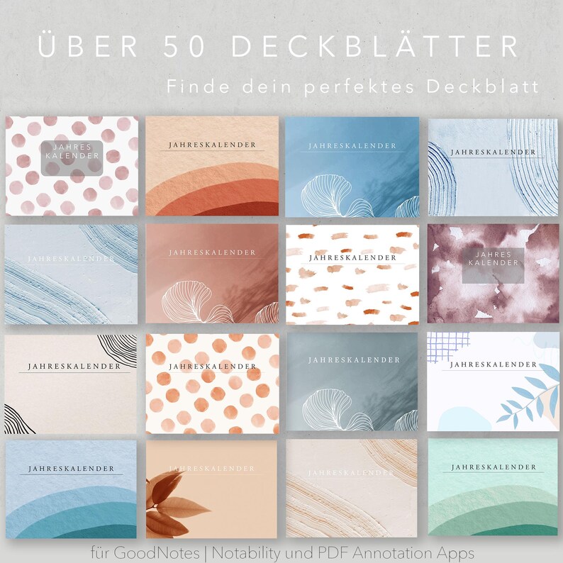 Op de afbeelding: Een verzameling van 50 digitale planner-omslagontwerpen met abstracte aquarelpatronen in verschillende kleuren, waaronder blauw, bruin, roze en wit. De tekst "JAHRESKALENDER" wordt op elke omslag herhaald, wat in het Nederlands "Jaarplanner" betekent. De tekst "&Uuml;BER 50 DECKBL&Auml;TTER" staat bovenaan de afbeelding, wat in het Nederlands "Meer dan 50 omslagpagina's" betekent. De tekst "Finde dein perfektes Deckblatt" staat onder de eerste regel tekst, wat in het Nederlands "Vind je perfecte omslagpagina" betekent. De tekst "f&uuml;r GoodNotes | Notability und PDF Annotation Apps" staat onderaan de afbeelding, wat in het Nederlands "voor GoodNotes | Notability en PDF-annotatie-apps" betekent.