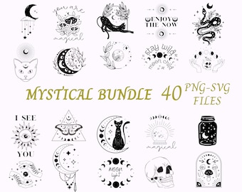 May include: A set of 40 black and white mystical illustrations featuring moons, stars, cats, mushrooms, snakes, skulls, and other magical elements. The illustrations are perfect for creating digital or physical products like stickers, t-shirts, mugs, and more.