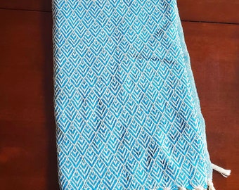 Handwoven 100% Cotton Turquoise & Cream Tassel Throw Blanket 50x60