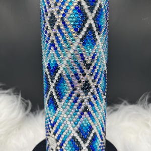 Rhinestone Diamond Tumbler 20oz – Blue Tribal Sparkle Cup – Handmade Colorful Bling Stainless Steel Tumbler