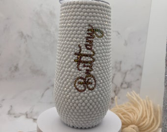 Wine Glass Tumbler | 12 oz Bling Rhinestone Stemless Champagne Flute with Initial/Name |”The Brittany Cup” | Bride | Bedazzled