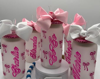 Birthday | 16 oz Glass Cups | Rhinestone Lid and Bow | Custom with your design| Pink | Cold reactive vinyl names