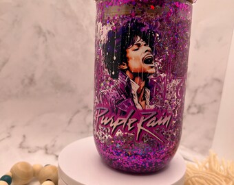Snow Globe Glass with Purple Inspired Graphics and Purple Glitter with Custom Symbol lid in Rhinestones | 16 oz Libby