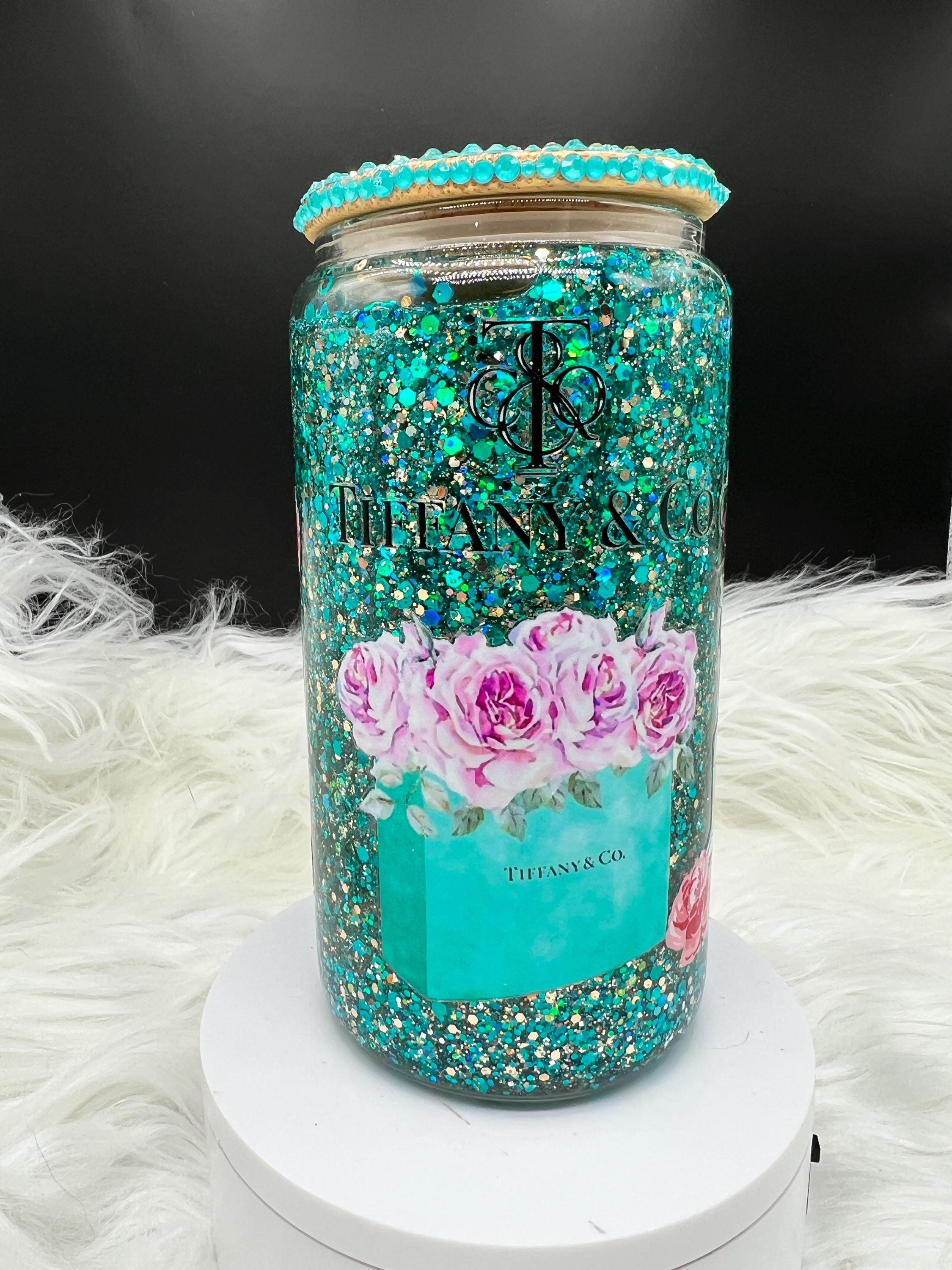 Snow Globe Glass designer inspired with Glitter, Glitter Shapes and Custom Rhinestone Lid | 16 oz