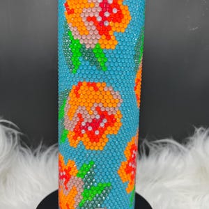 Rhinestone Floral Tumbler – 20 oz Bright Rose Cup with Blue Background | Bling Cup | 1049