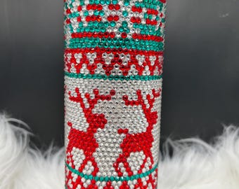 Holiday Rhinestone Tumbler – Red & Green Reindeer Christmas Bling Cup – 20 oz Double-Wall Stainless Steel