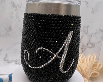 Wine Glass Tumbler | Customized 12 oz Bling Rhinestone Wine Tumbler with Initial/Name - Personalized Tumbler | “The A Cup” | Handmade