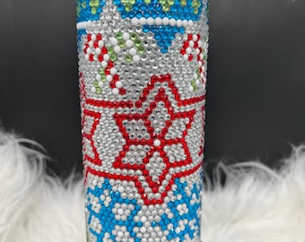 Holiday Ornament Rhinestone Tumbler – 20 oz Christmas Bling Cup with Snowflakes and Stars – Red, Blue, Green and Silver