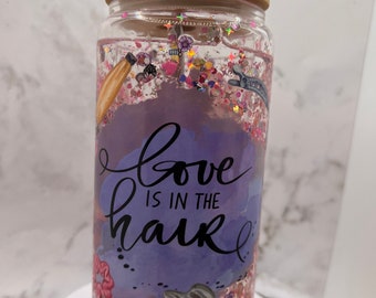 Snow Globe Glass “Love is in the Hair” with Glitter and Custom Rhinestone Lid | 16 oz Libby