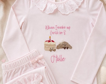 Personalisiertes Geburtstagsset mit Kuchen / besticktes Geburtstagsset mit Bär / Namenssets für Geburtstage / Croissant-Set für Geburtstage / personalisiertes Hasen-Set für Geburtstage