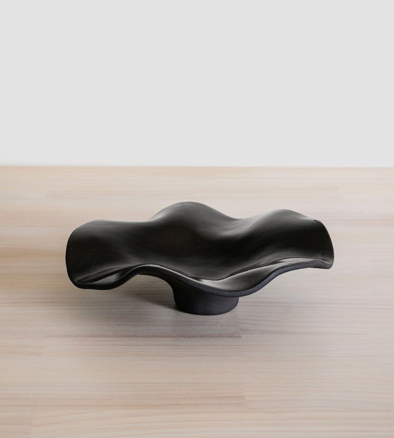 Wavy Black Ceramic Bowl. Ring bowl, jewellery bowl, fruit bowl. Statement piece for a modern home. Black pottery wavy dish for stylish decor image 1