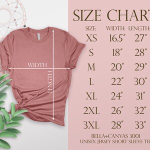 May include: Size chart for a unisex jersey short sleeve tee. The chart shows the width and length in inches for sizes XS to 3XL. Bella+Canvas 3001.