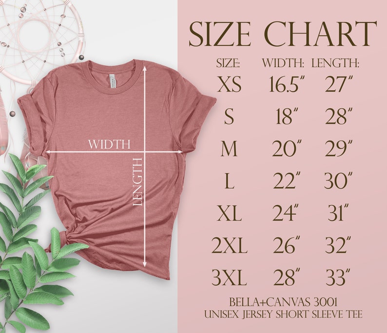 May include: Size chart for a unisex jersey short sleeve tee. The chart shows the width and length in inches for sizes XS to 3XL. Bella+Canvas 3001.