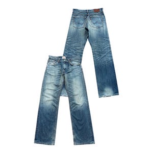 W34 Jeans in denim vintage esclusivi Edwin, jeans in denim vintage giapponesi, jeans Edwin effetto invecchiato, jeans Edwin effetto fango, jeans Edwin a gamba dritta in denim, taglia 34x33.5