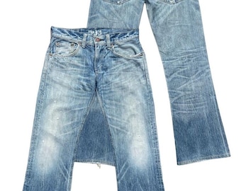 Vaqueros acampanados Edwin 503 Blue Trip Japan de estilo vintage, vaqueros acampanados Edwin Bootcut, vaqueros acampanados desgastados Edwin, vaqueros acampanados con efecto lavado de barro, 32 x 30