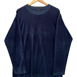 Vintage Yves Saint Lauren Embroidered Logo Velvet Sweatshirt Ysl Pullover Ysl Sweater Ysl Navy Blue Sweater