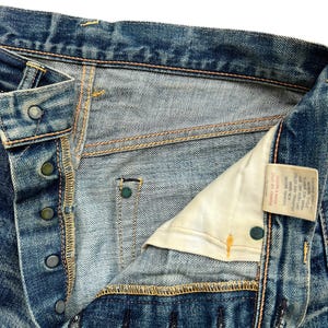 May include: Close-up of blue denim jeans with a button fly. The jeans show signs of wear and fading, with visible stitching and metal button details. A small tag is visible on the inside.