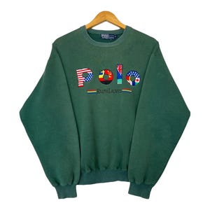 Vintage 90s Polo Ralph Lauren Flag Logo  Sweatshirt Polo Ralph Lauren Green Sunfaded  Crewneck Polo Ralph Lauren Spellout Sweatshirt Size L