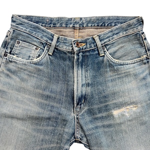 May include: Close-up of light blue denim jeans. The jeans have a classic five-pocket design, a button closure, and a distressed area on the front. The denim has a faded, worn look.
