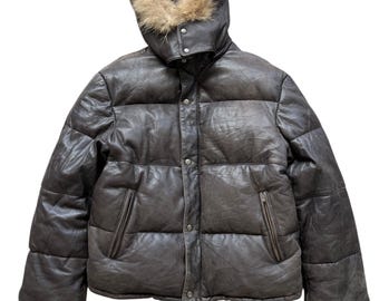 Vintage jaren 90 Gardiano bruin bont gewatteerd leren jack Vintage bruin hoodie bont gewatteerd leren jack Vintage wijd gewatteerd bont gewatteerd leren jack