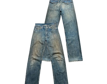 W32 Vintage 2000-tals japansk denim mudwash slitna raka jeans 32x32