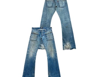 Pantalones vaqueros de mezclilla Hysteric Glamour Selvedge Mudwash Bootcut estilo años 90. Pantalones vaqueros Hysteric Glamour de tiro bajo. Pantalones vaqueros Hysteric Selvedge Flare Denim 34x34.