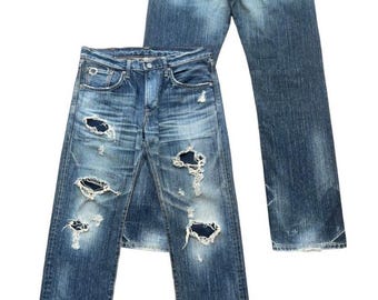 Jeans in denim vintage Edwin Japan, jeans in denim vintage Edwin effetto usurato, jeans Edwin riparati, jeans in denim Edwin patchwork a gamba dritta 34x32