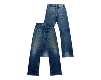 Vintage 90s HR Market Blue Blue Japan Distressed Selvedge Denim Jeans Vintage Blue Blue Japanese Straight Cut Selvedge Denim Jeans 31x32