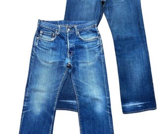 Vintage HR Market Blue Blue Japan Selvedge Distressed Denim Jeans Hr Market Mudwash Jeans Blue Blue Japan Straight Cut Denim Jeans 31x29