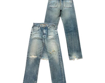 W32 Vintage Edwin 505XX Japan Selvedge Denim Jeans Edwin Distressed Selvedge Jeans Edwin Mudwash Repaired Selvedge Wide Denim Jeans 32x32.5