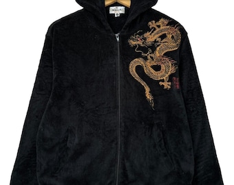 Vintage Sukajan Karakuri Tamashi Dragon sudadera con capucha Sukajan Fleece sudadera con capucha Sukajan Dragon negro sudadera con capucha Sukajan bordado dragón sudadera con capucha tamaño S