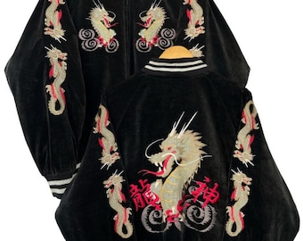 Vintage 90s Sukajan Dragon Bomber Chaqueta Vintage Sukajan Velvet Chaqueta Sukajan Dragon Chaqueta Negra Sukajan Bordado Japón Varsity Grande