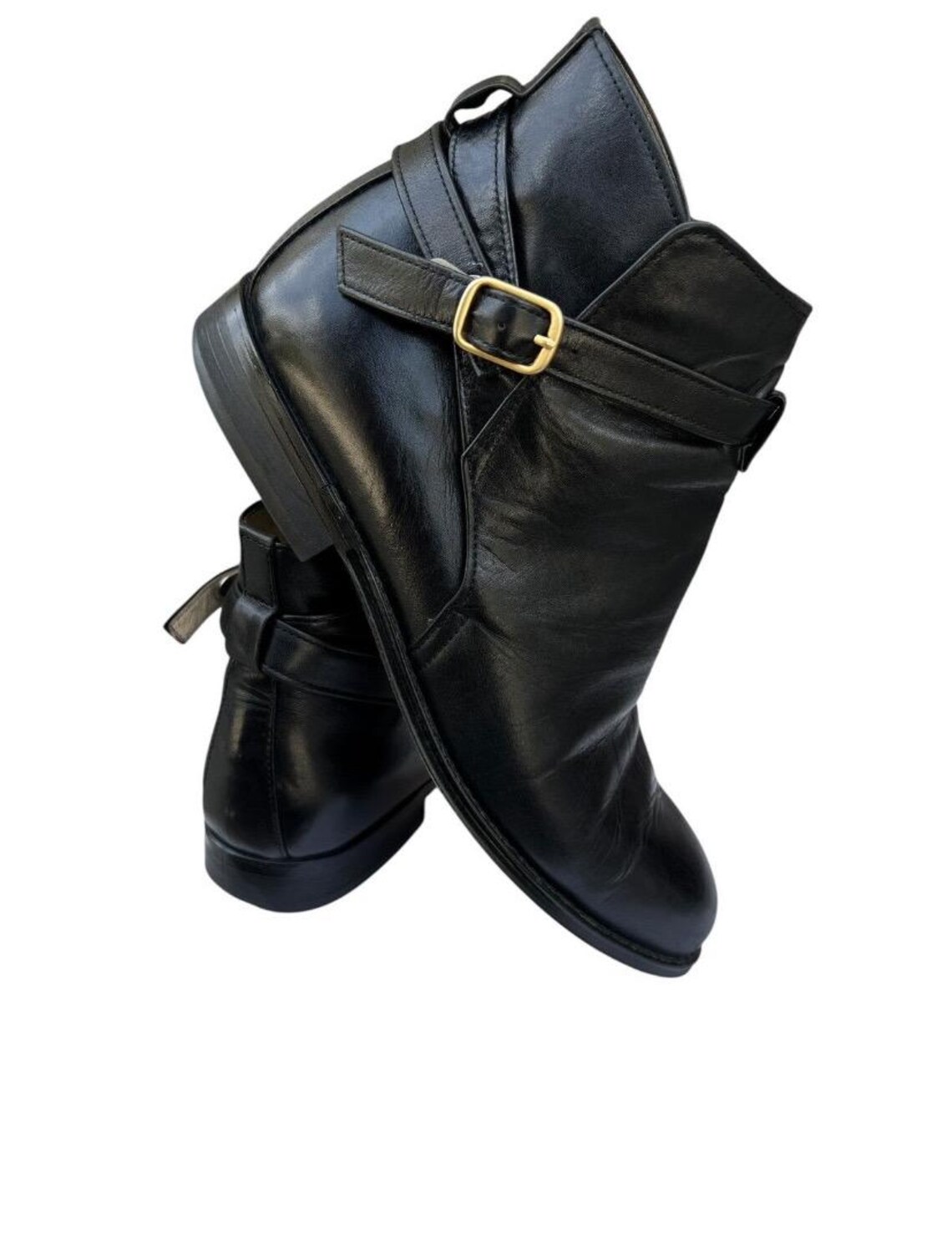 Size 7 Vintage Margarett Howell Mid Heel Angkle Black Leather Boots, foto 3 di 5