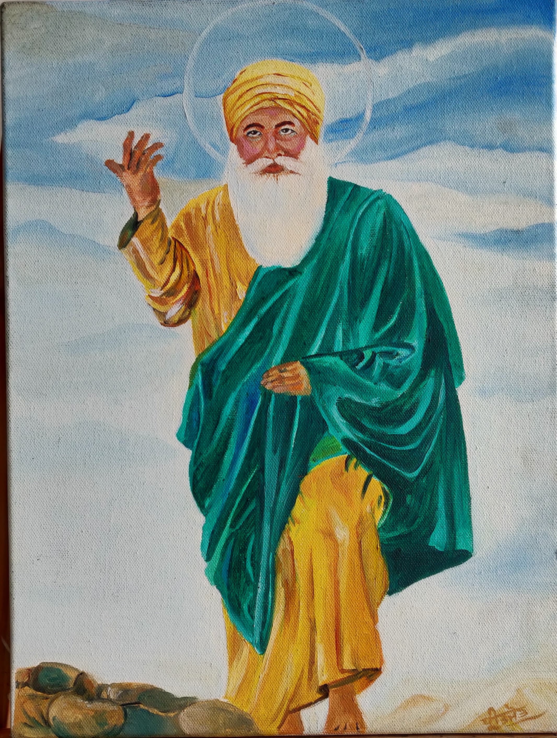 Guru Nanak Dev Ji : Sab Tera Oil Painting on Canvas Original and Exclusive for Any Wall for Home 