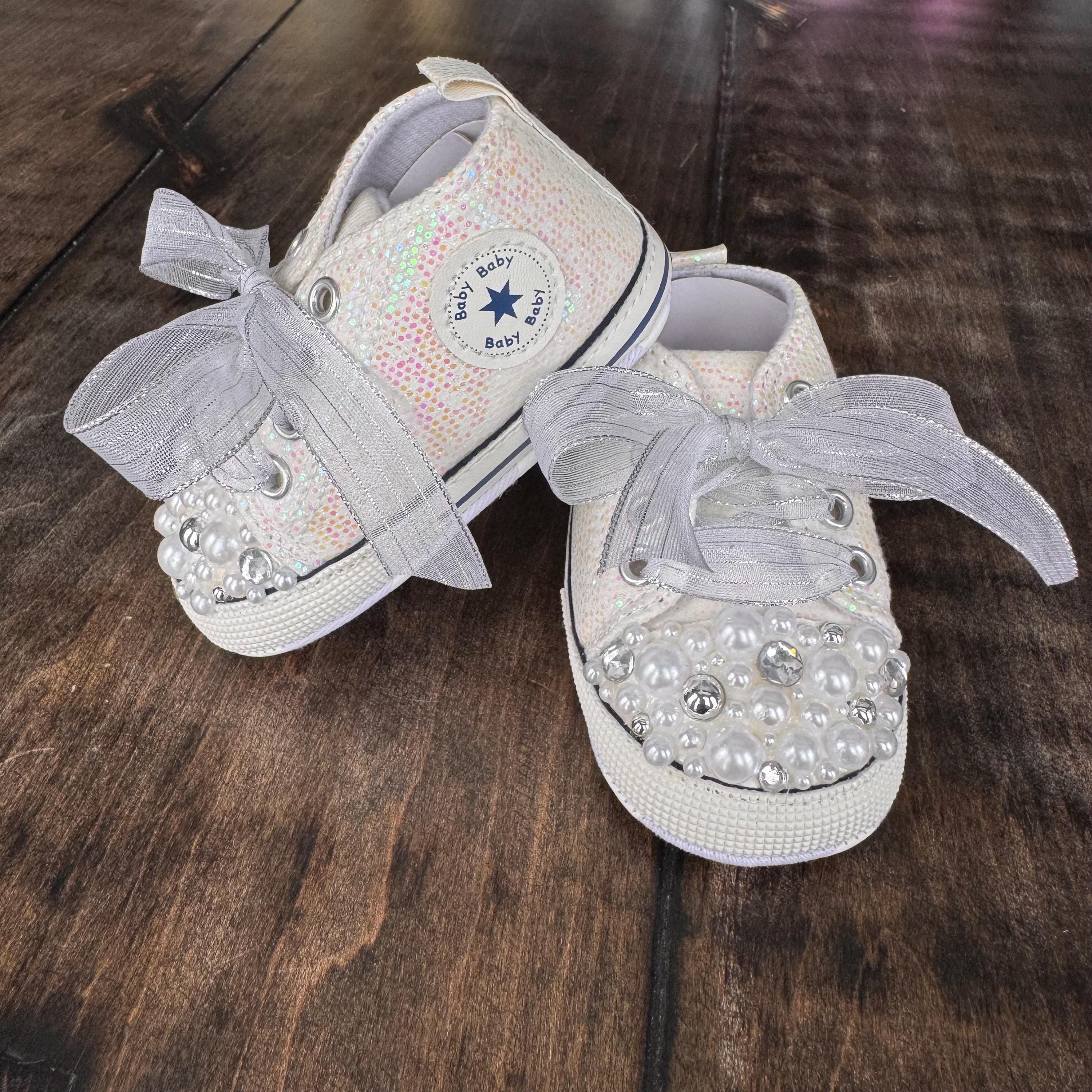 Custom White Sparkle Baby Sneakers with Pearl Rhinestone Bling & Organza Laces Christening keepsake