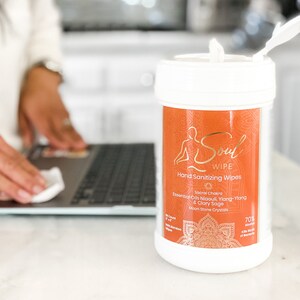 Natural Sanitizing Wipes Aligned with  Sacral Chakra.  Made with pure essential oils of Niaouli, Ylang Ylang and Clary Sage.