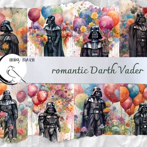 Romance galactique : Dark Vador romantique avec des illustrations de fleurs et de ballons - Art amour geek - côté obscur mignon - téléchargement immédiat