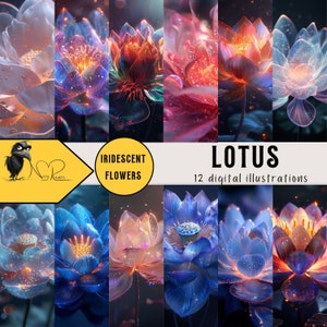 Iriserende Lotus-illustraties - Vet kleurrijk bloemenkunstwerk - Levendige bloemafbeeldingen voor briefpapier, decor en ambachten - Digitale download
