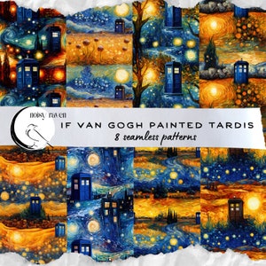 Van Gogh stijl TARDIS naadloze patronen - Doctor Who geïnspireerde digitale kunst - grillig ruimte-tijdreisontwerp - direct downloaden