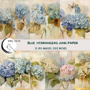 Elegance in Blue: Hydrangea Junk Journaling Paper - papeterie numérique vintage, - Artisanat floral - Scrapbooking élégant - Téléchargement instantané