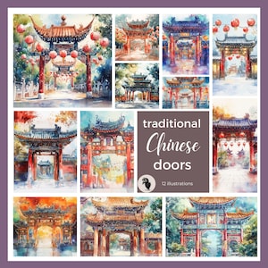 Traditionelle chinesische Torillustrationen: hochwertige, aquarellierte Zeichnungen für kulturelle und kreative Projekte