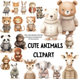 Animaux mignons dans des chandails Clip Art - clipart adorables animaux sauvages tricots - téléchargement numérique pour travaux manuels et décoration