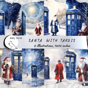 Illustratie Kerstman met Tardis de blauwe politiedoos, aquarelprint, Doctor Who-print, Kerstman en Tardis voor Kerstmis