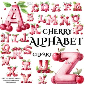 Imágenes prediseñadas de letras de cerezas jugosas en acuarela: alfabeto fresco para diseños, tarjetas y manualidades de verano - Letras de frutas de la A a la Z
